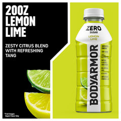 BODYARMOR Zero Sugar Lemon Lime in a glass highlights crisp citrus flavor.