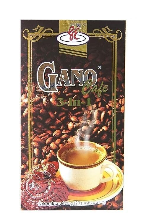 bola nymphea GanoCafé 3-in-1 instant coffee cup steaming, with Ganoderma lucidum and potential sugar balance support.