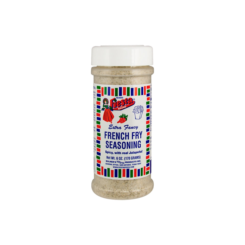 Bolner's Fiesta Extra Fancy French Fry Seasoning jar with spicy jalapeño blend for fries