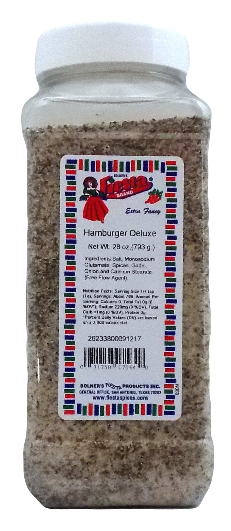 Bolner's Fiesta Hamburger Deluxe seasoning bottle adds bold flavor to burgers and grilled meats.