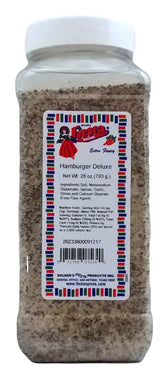 Bolner's Fiesta Hamburger Deluxe seasoning bottle adds bold flavor to burgers and grilled meats.