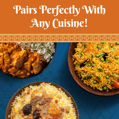 Bombay Market Brown Basmati Rice shown as a steaming bowl of fragrant rice.