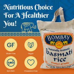 Bombay Market White Basmati Rice uncooked-long-grain showcases premium elongated kernels