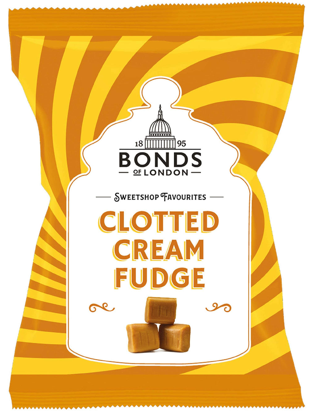 Bonds of London vanilla clotted cream fudge bag showing striped cubes, ideal for sharing and gifting