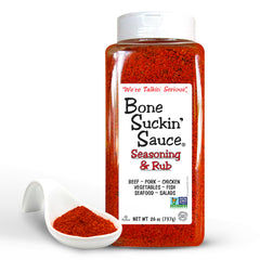 Bone Suckin' Original seasoning jar close-up for ribs and grilled meats