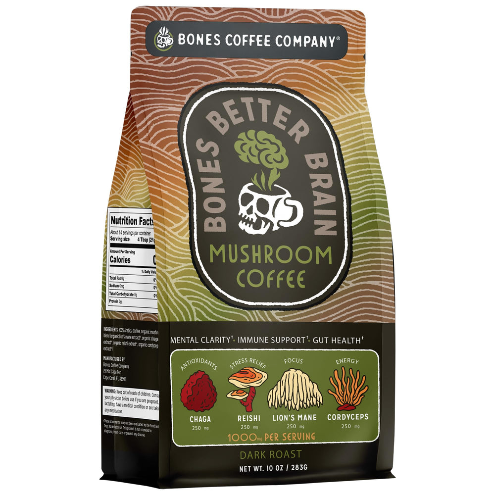 Bones Coffee Better Brain mushroom coffee bag with premium ingredients and inviting aroma