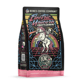 Bones Coffee Electric Unicorn bag shows fresh, medium roast beans for a flavorful morning.