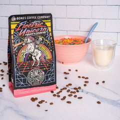 Bones Coffee Electric Unicorn cup emits fruity aroma with a smooth finish.