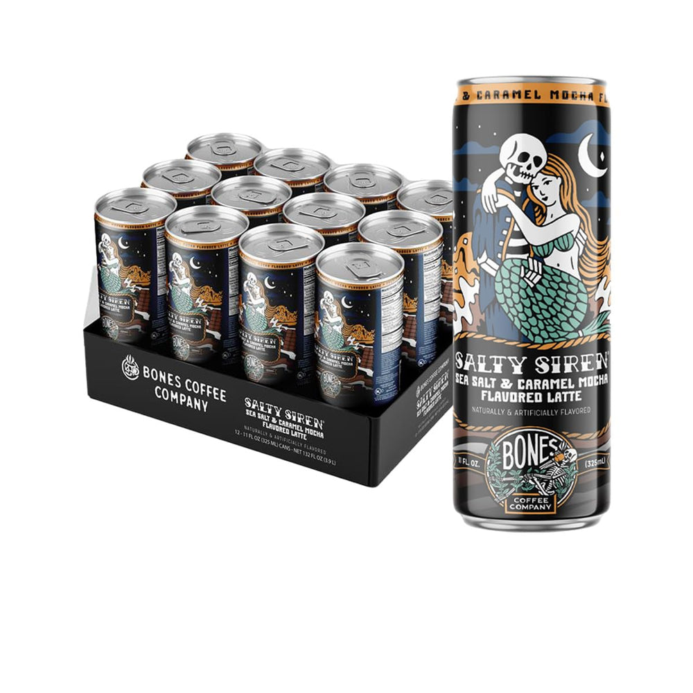 Bones Coffee Salty Siren Latte can front, ready-to-drink convenience for busy days.