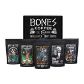 Bones Coffee sampler pack front view showing five flavors for exploration