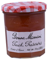 Bonne Maman Peach Preserve jar showing rich color, ideal for breakfast spreads.