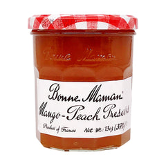 Bonne Maman Mango Peach preserves jar; pure fruit flavor for breakfast toast