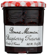 Bonne Maman Raspberry Preserves jar close-up highlighting rich fruit and glossy texture.