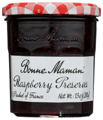 Bonne Maman Raspberry Preserves jar close-up highlighting rich fruit and glossy texture.