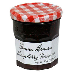 Bonne Maman raspberry preserves label detail, non-GMO, gluten-free and kosher
