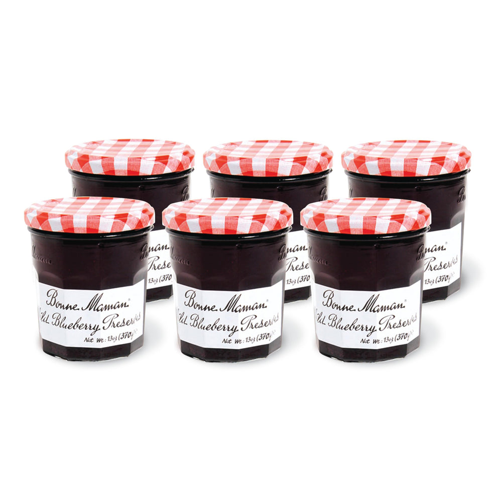 Bonne Maman wild blueberry preserves in a 13-oz jar, vibrant fruit flavor for breakfasts.