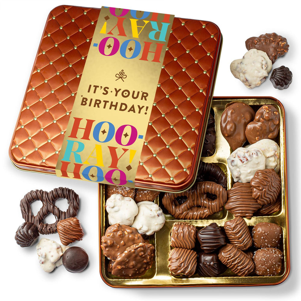 BONNIE AND POP Birthday tin with chocolates, ideal for gifting on special occasions.