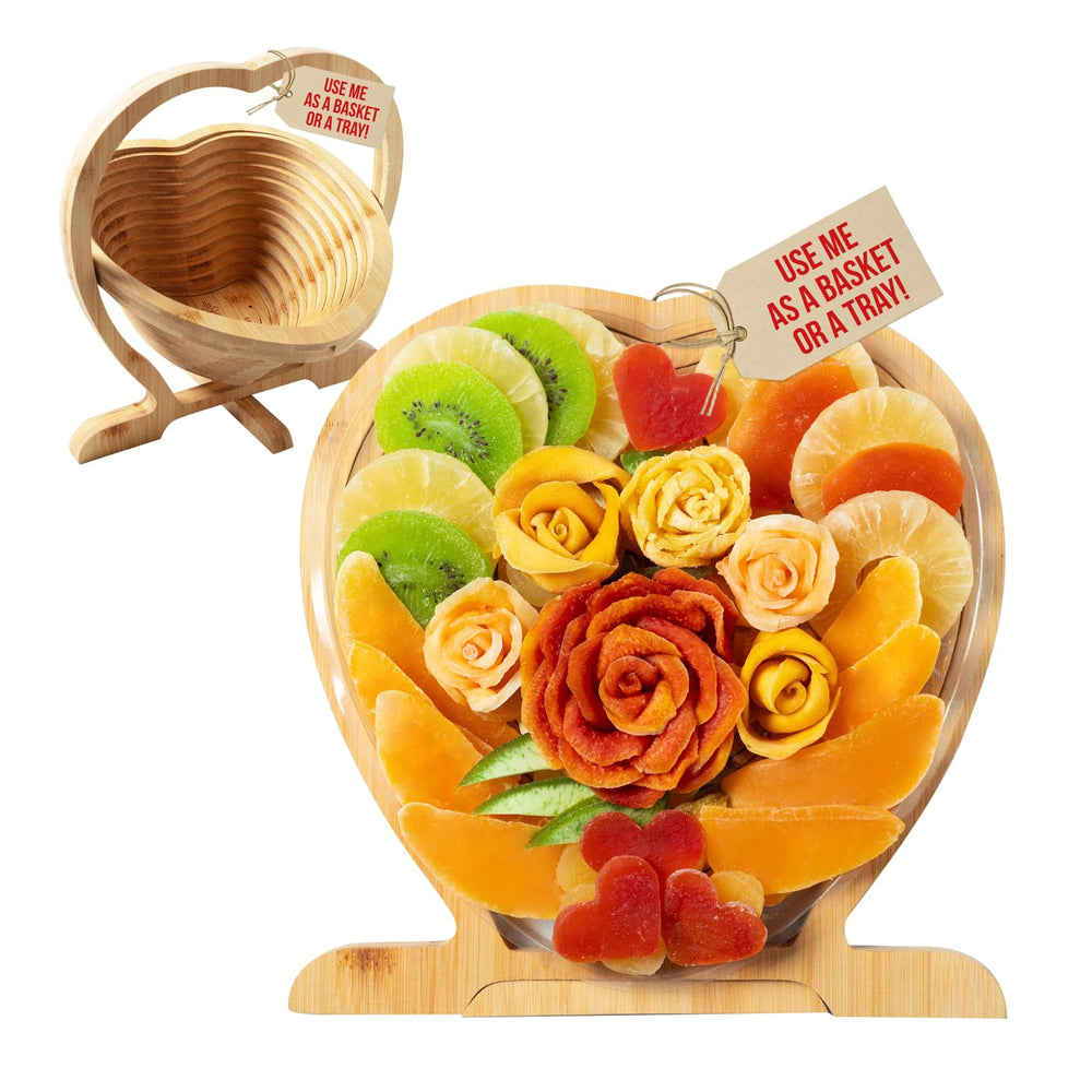 Bonnie and Pop dried fruit gift basket in a heart-shaped tray, ideal for gifting.