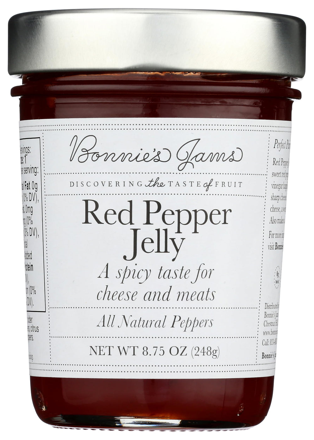 Bonnie's Jams Red Pepper Jelly bottle closeup with glossy glaze for cheese pairing
