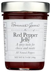 Bonnie's Jams Red Pepper Jelly bottle closeup with glossy glaze for cheese pairing