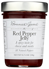 Bonnie's Jams Red Pepper Jelly bottle closeup with glossy glaze for cheese pairing