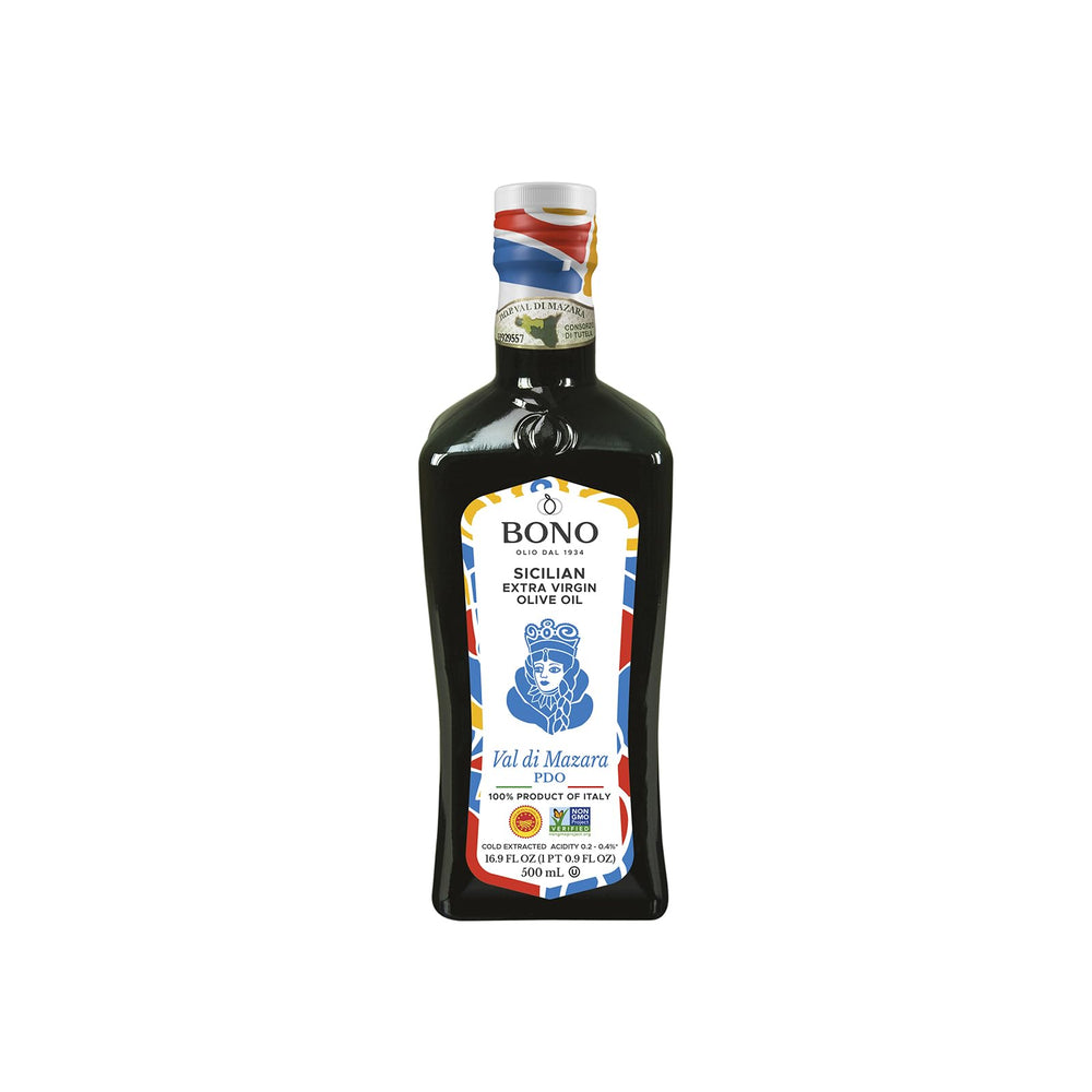 Bono Val di Mazara PDO bottle authentic Sicilian extra virgin olive oil for finishing dishes.
