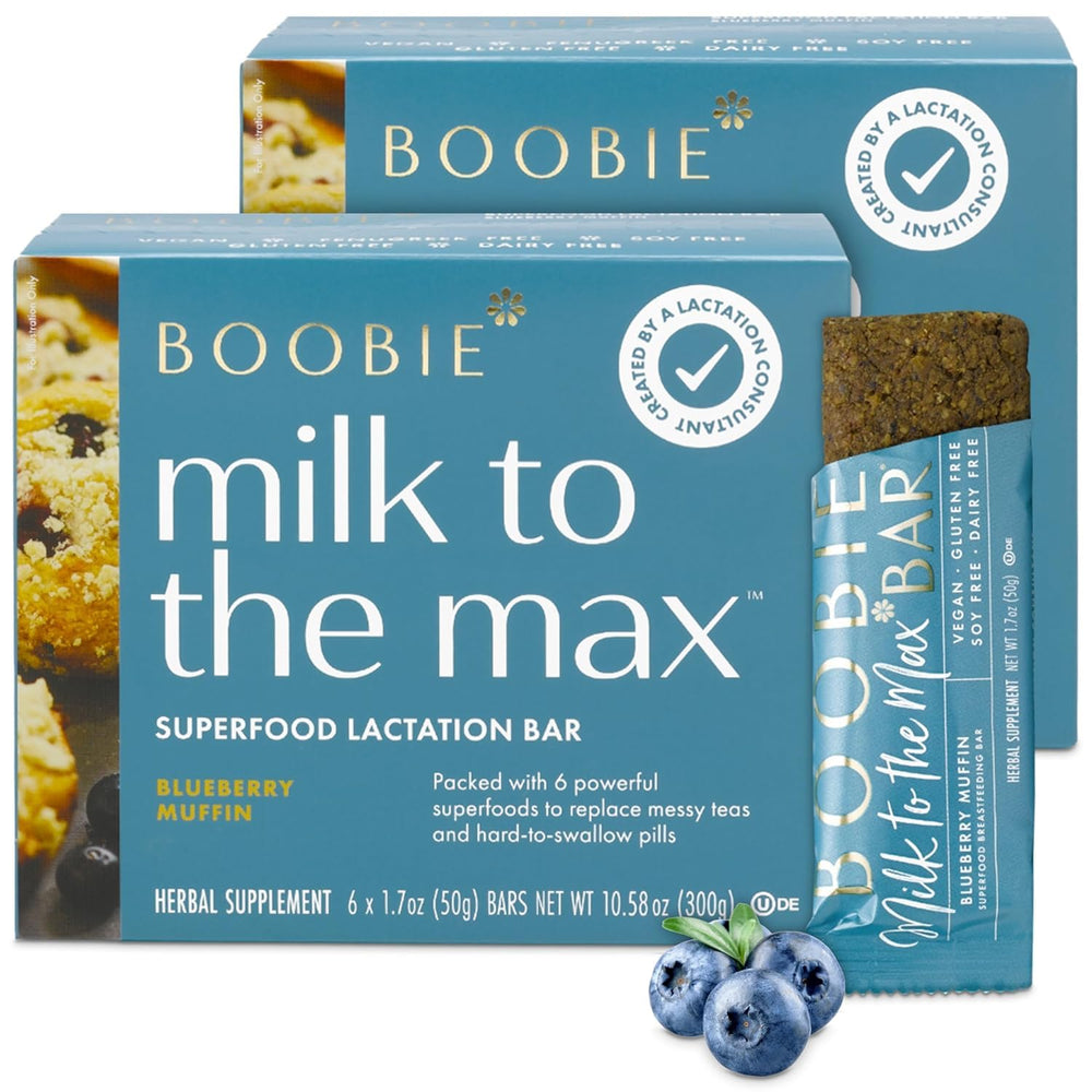 Boobie Bar Milk to the Max packaging with blueberry muffin flavor on the go