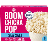 BOOMCHICKAPOP Angie's Sea Salt microwave popcorn box, ready for quick movie nights