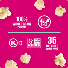 Close-up of fluffy Angie's kettle corn kernels after popping.