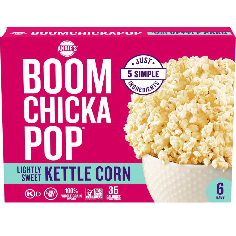 Angie's BOOMCHICKAPOP Lightly Sweet Kettle Corn bag for microwave snacking.
