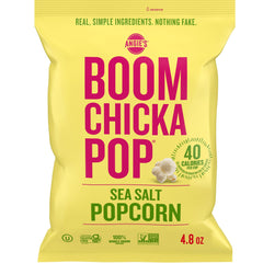 Angie's BOOMCHICKAPOP sea salt popcorn bag, gluten-free and vegan snack option.