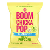 BOOMCHICKAPOP Sea Salt Popcorn bag shows gluten-free, simple ingredients for easy snacking.