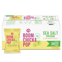 Angie's BOOMCHICKAPOP Sea Salt popcorn front of bag for quick, ready-to-eat snacking