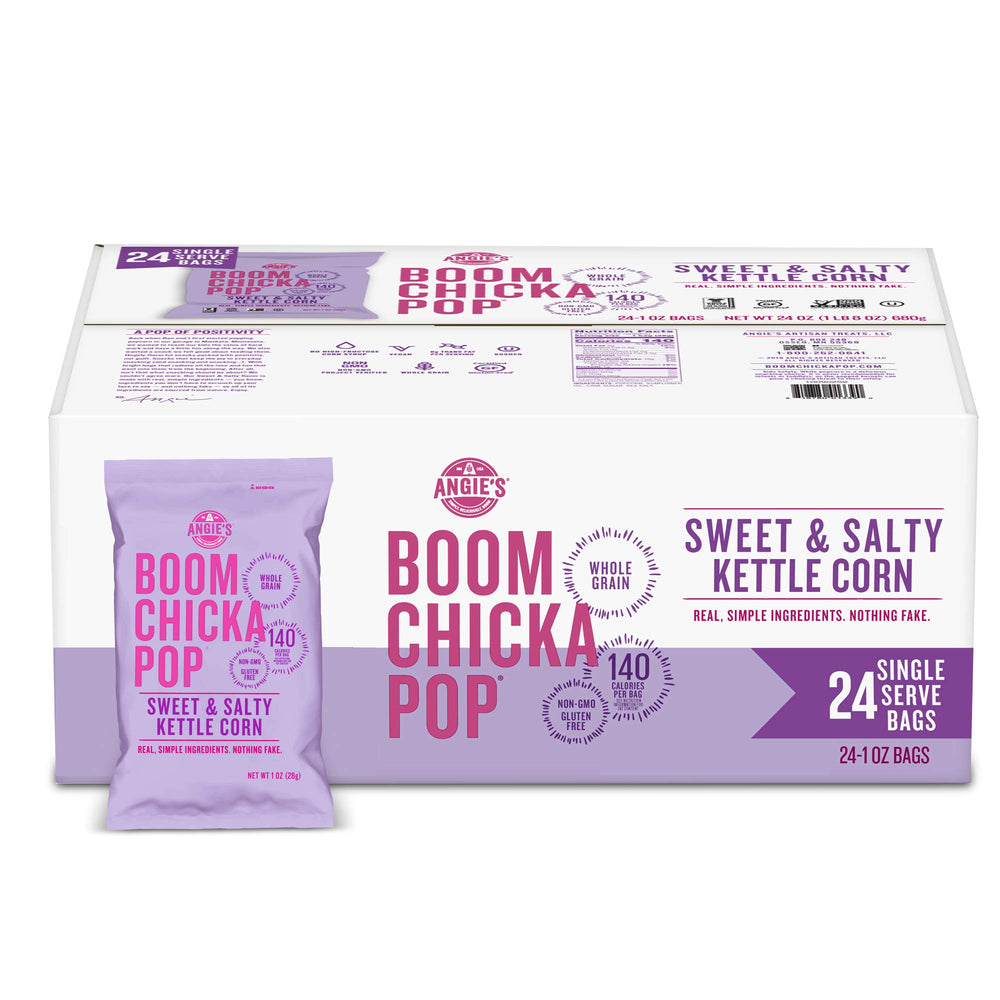 Angie's BOOMCHICKAPOP Sweet & Salty kettle corn bag close-up for a ready-to-eat snack.