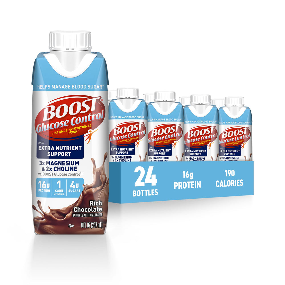 BOOST Glucose Control chocolate bottle front showing creamy beverage for daily energy