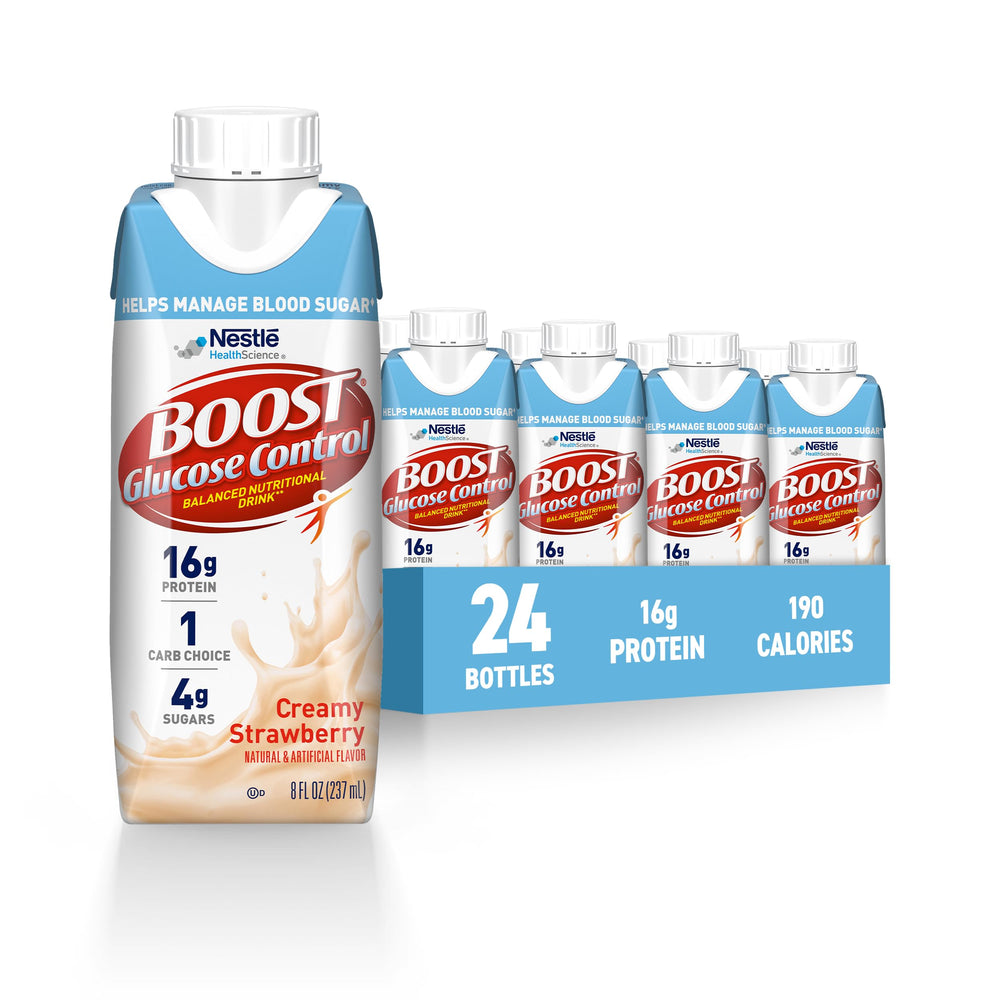 BOOST Glucose Control bottle shows creamy strawberry nutrition for steady energy