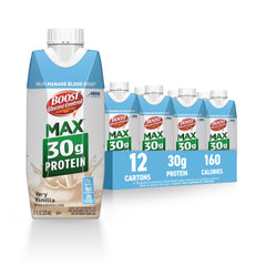 BOOST Glucose Control vanilla bottle side view highlights convenient, high-protein nutrition