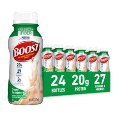 BOOST High Protein with Fiber bottle on shelf highlighting 20 g protein per serving.