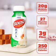 BOOST High Protein with Fiber glass with caramel shake ready for workouts