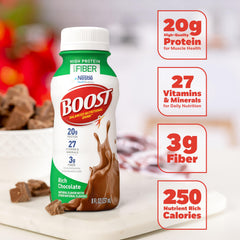 BOOST High Protein with Fiber chocolate bottle closeup showing creamy texture