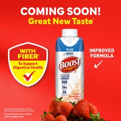 BOOST Plus Creamy Strawberry bottle pour highlights quick calories for weight goals.