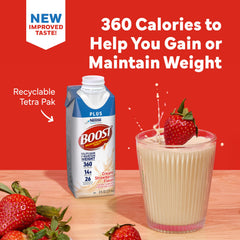 BOOST Plus nutrition facts label communicates 360 calories and 14 g protein per bottle.