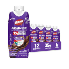 BOOST Rich Chocolate bottle pour showing 35g protein for muscle health
