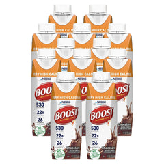 BOOST Very High Calorie Chocolate bottle shows dense nutrition for energy on the go.