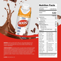Boost Very High Calorie Chocolate drink poured into a glass for a satisfying snack.