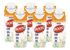 BOOST Very High Calorie Vanilla bottle showing dense nutrition for on-the-go meals