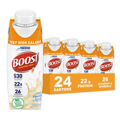 BOOST Very High Calorie Vanilla Drink bottle showing 22 g protein and 530 calories for muscle support