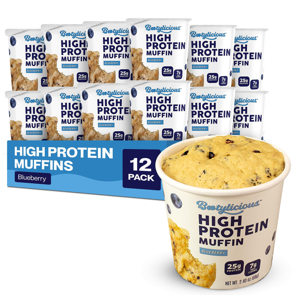 Bootylicious Blueberry Muffin pack front showing a high-protein breakfast option
