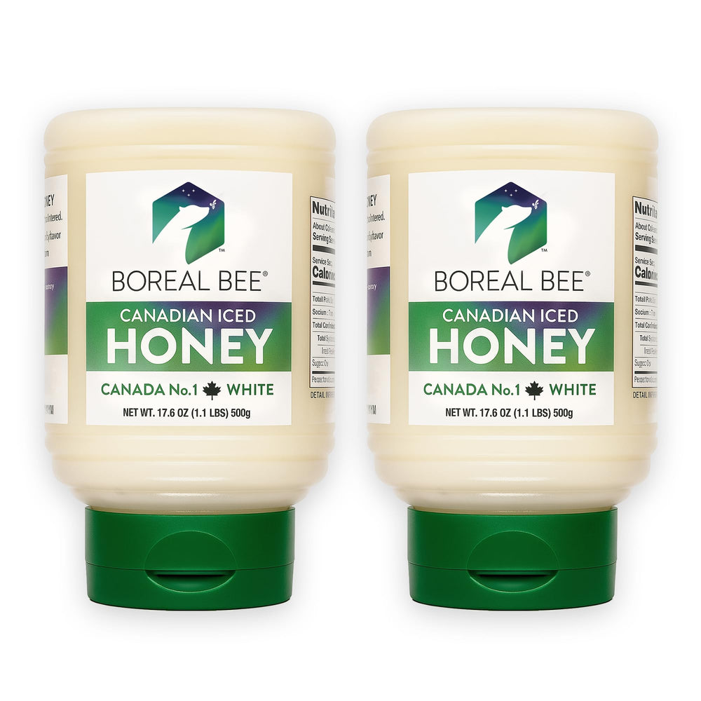 BOREAL BEE iced honey bottle – creamy texture for easy drizzle on toast.