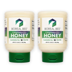BOREAL BEE iced honey bottle – creamy texture for easy drizzle on toast.
